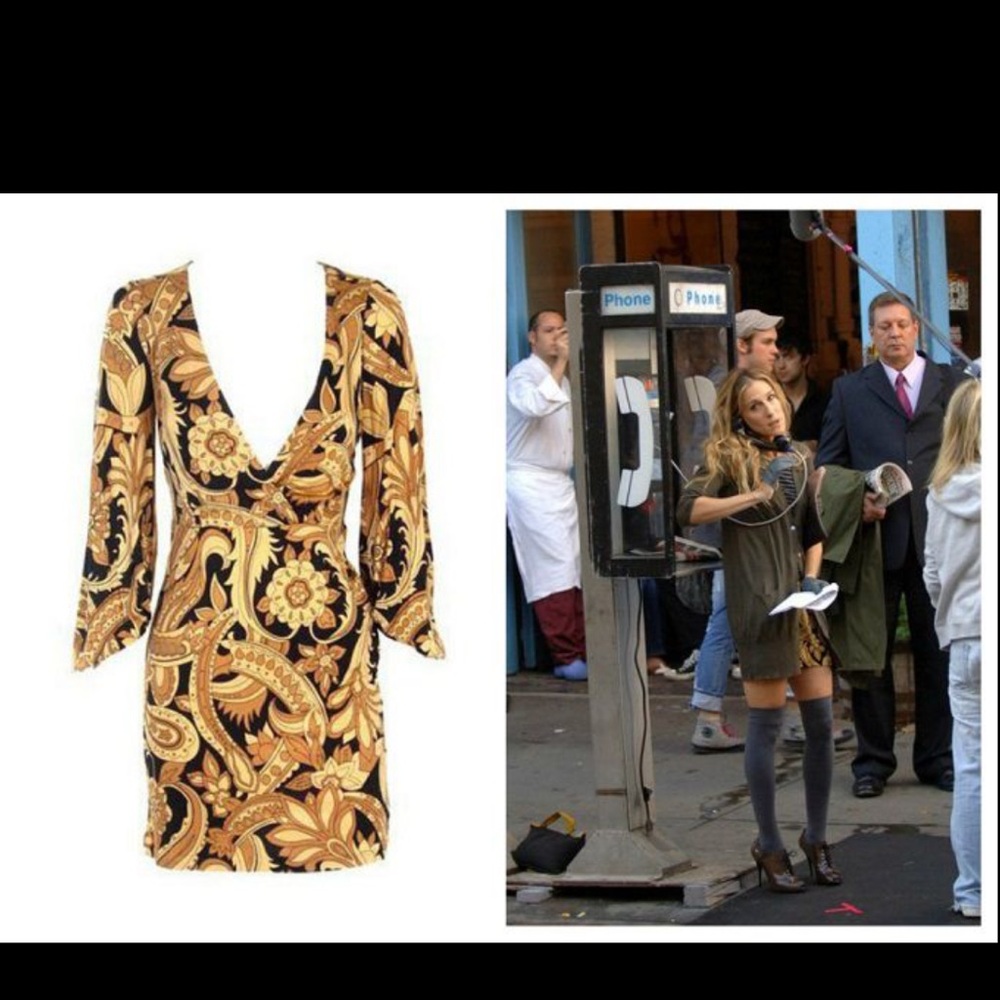 🎉Nieves Yellow & Black Print Dress w/ 3/4 Sleeve as seen on Sex in the City SzM